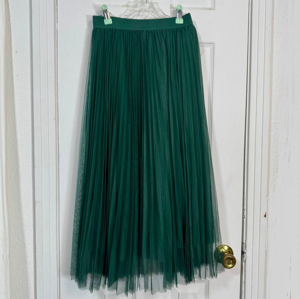 Lucy Paris Dark Green Pleated Mesh Midi Skirt Size S NWT Balletcore Feminine